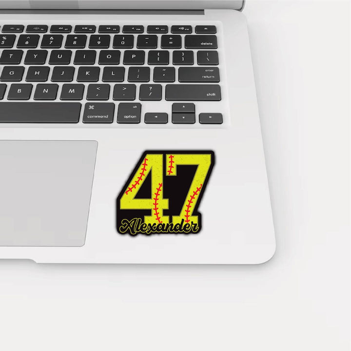 Custom Softball Number Name Sticker, Softball Baseball Personalized Name Number Vinyl Decal, Baseball Waterproof Laptop Sticker, Car Decal