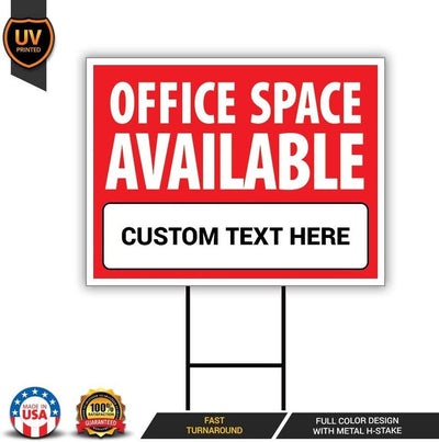 Office Space Available Yard Sign Personalized 24" x 18" - Visible Text Custom Office Space Available Rent Lease Sign with Metal H-Stake
