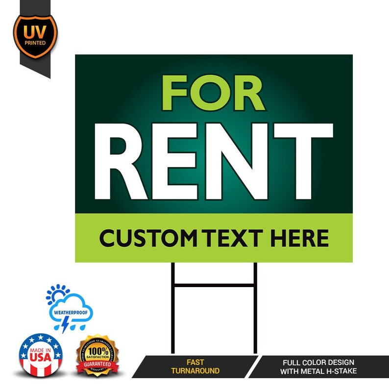 For Rent Yard Sign Personalized 24" x 18" - Visible Text Long Lasting Rust Free For Rent Sign with Metal H-Stake