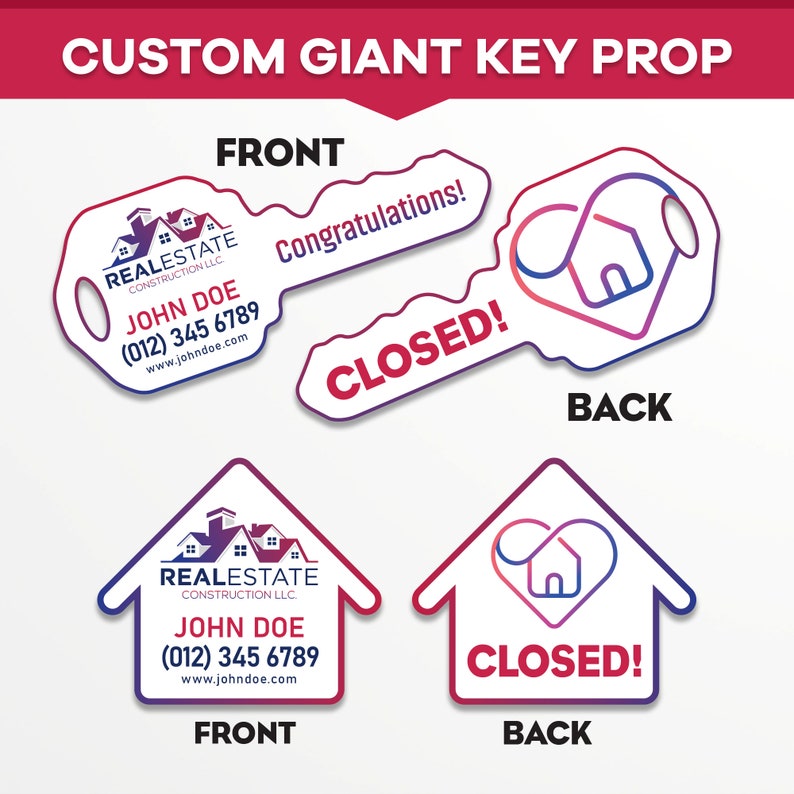 2 Pack Personalized Real Estate Marketing Closing Signs, Customized Realtor Social Media Photo Props, Realtor Key, Custom House Shaped Sign