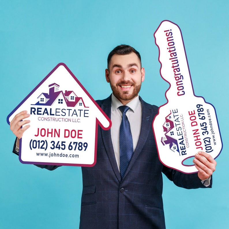 2 Pack Personalized Real Estate Marketing Closing Signs, Customized Realtor Social Media Photo Props, Realtor Key, Custom House Shaped Sign
