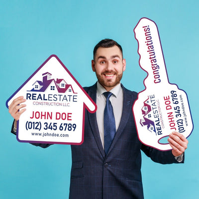 2 Pack Personalized Real Estate Marketing Closing Signs, Customized Realtor Social Media Photo Props, Realtor Key, Custom House Shaped Sign