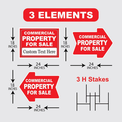 Commercial Property for Sale Yard Sign (3 Pack) - Coroplast Double Sided Directional Arrows Commercial Property Yard Sign with Metal H-Stake