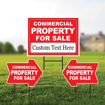 Commercial Property for Sale Yard Sign (3 Pack) - Coroplast Double Sided Directional Arrows Commercial Property Yard Sign with Metal H-Stake