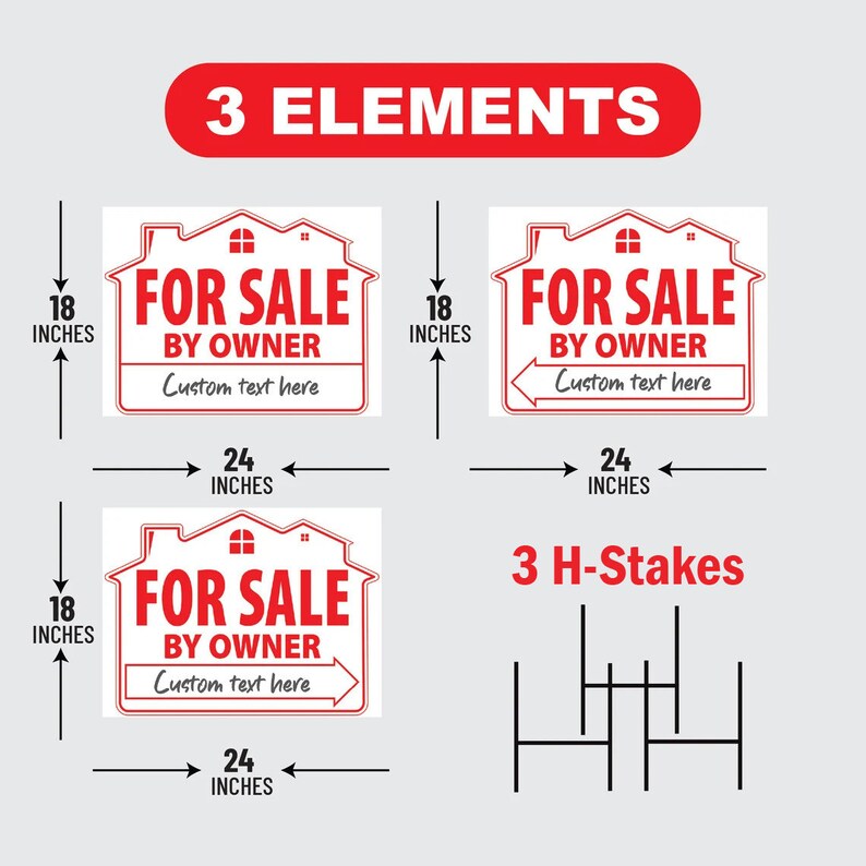 For Sale By Owner Yard Sign (3 Pack) - Coroplast Double Sided Directional Arrows For Sale By Owner Real Estate Yard Sign with Metal H-Stake