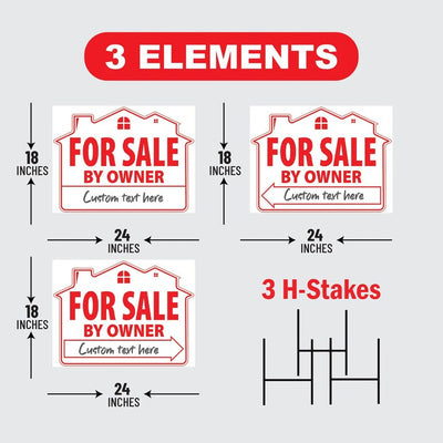 For Sale By Owner Yard Sign (3 Pack) - Coroplast Double Sided Directional Arrows For Sale By Owner Real Estate Yard Sign with Metal H-Stake