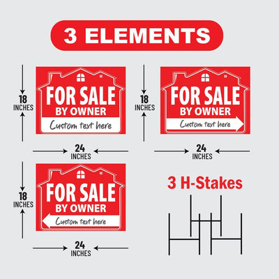 For Sale By Owner Yard Sign (3 Pack) - Coroplast Double Sided Directional Arrows For Sale By Owner Real Estate Yard Sign with Metal H-Stake