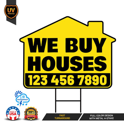 Custom We Buy Houses Yard Sign, Coroplast House Shaped Personalized We Buy Houses Yard Sign with Metal H-Stake
