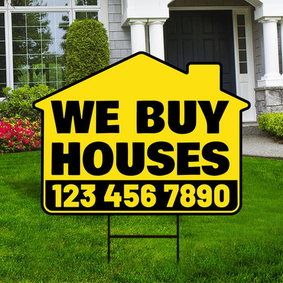 Custom We Buy Houses Yard Sign, Coroplast House Shaped Personalized We Buy Houses Yard Sign with Metal H-Stake
