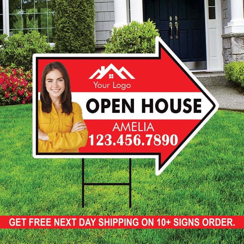 Custom Open House Arrow Yard Sign 18" x 24", 2 Sided Add Your Text, Logo, Photo Personalized Open House Directional Signs with Metal H-Stake