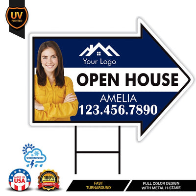 Custom Open House Arrow Yard Sign 18" x 24", 2 Sided Add Your Text, Logo, Photo Personalized Open House Directional Signs with Metal H-Stake