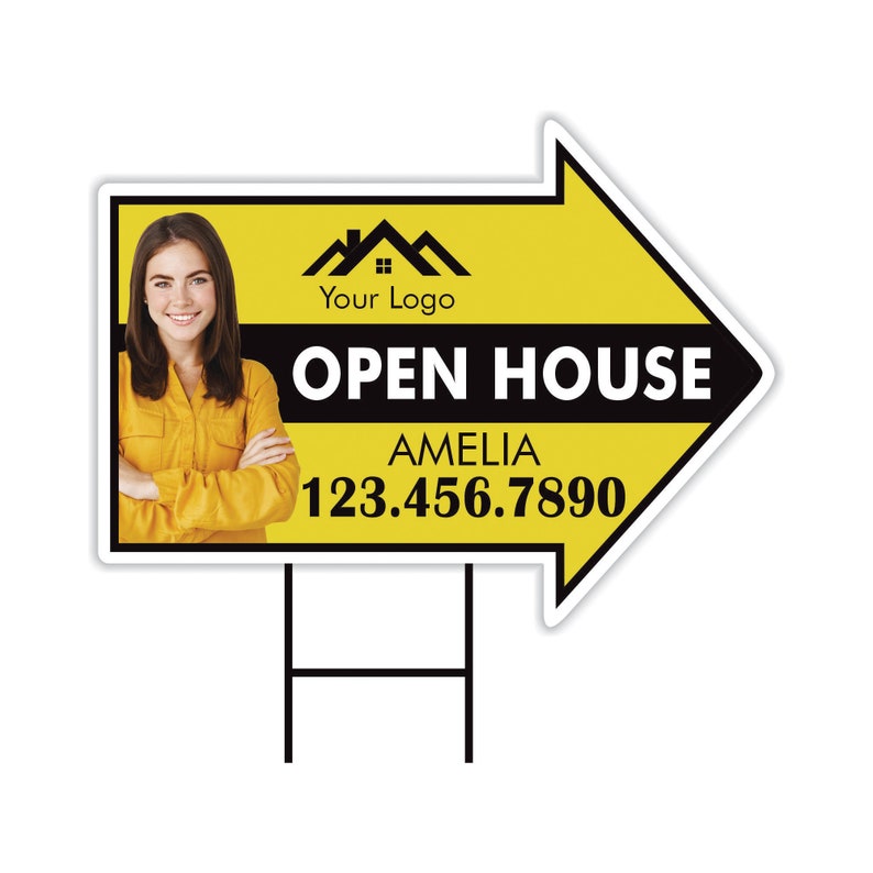 Custom Open House Arrow Yard Sign 18" x 24", 2 Sided Add Your Text, Logo, Photo Personalized Open House Directional Signs with Metal H-Stake