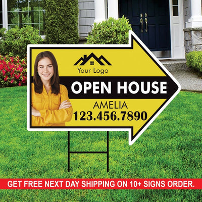 Custom Open House Arrow Yard Sign 18" x 24", 2 Sided Add Your Text, Logo, Photo Personalized Open House Directional Signs with Metal H-Stake