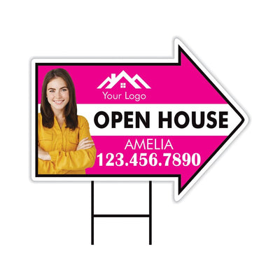 Custom Open House Arrow Yard Sign 18" x 24", 2 Sided Add Your Text, Logo, Photo Personalized Open House Directional Signs with Metal H-Stake