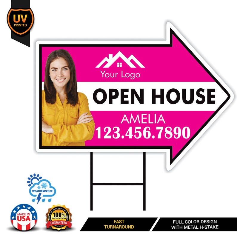 Custom Open House Arrow Yard Sign 18" x 24", 2 Sided Add Your Text, Logo, Photo Personalized Open House Directional Signs with Metal H-Stake