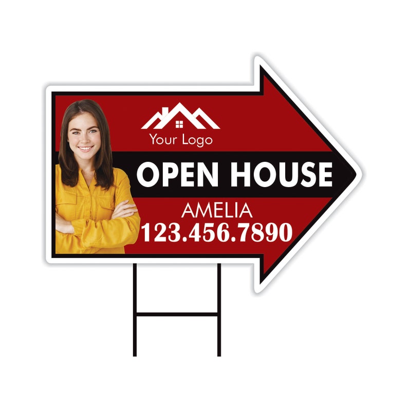 Custom Open House Arrow Yard Sign 18" x 24", 2 Sided Add Your Text, Logo, Photo Personalized Open House Directional Signs with Metal H-Stake