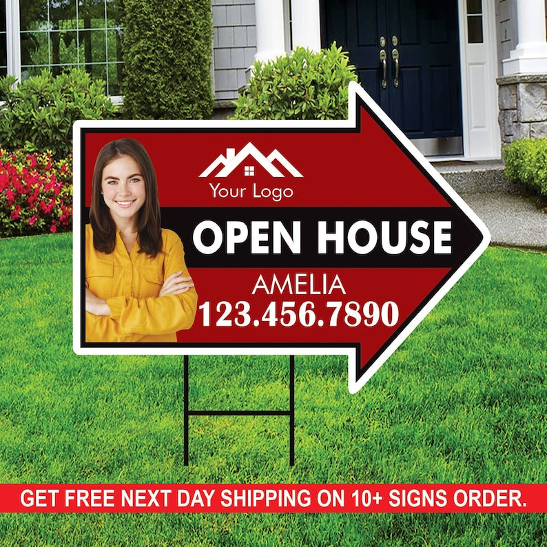 Custom Open House Arrow Yard Sign 18" x 24", 2 Sided Add Your Text, Logo, Photo Personalized Open House Directional Signs with Metal H-Stake