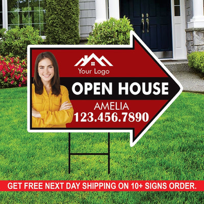 Custom Open House Arrow Yard Sign 18" x 24", 2 Sided Add Your Text, Logo, Photo Personalized Open House Directional Signs with Metal H-Stake