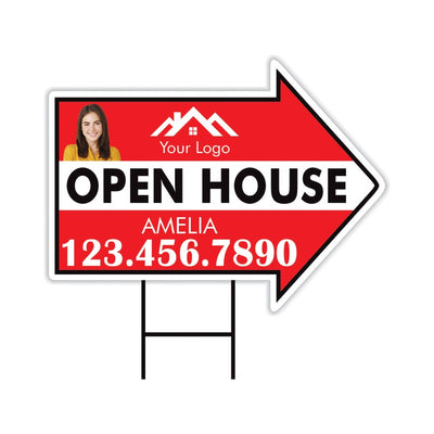 Custom Open House Arrow Yard Sign 18" x 24", 2 Sided Add Your Text, Logo, Photo Personalized Open House Directional Signs with Metal H-Stake