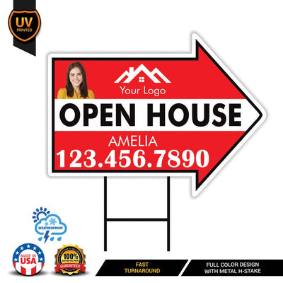 Custom Open House Arrow Yard Sign 18" x 24", 2 Sided Add Your Text, Logo, Photo Personalized Open House Directional Signs with Metal H-Stake
