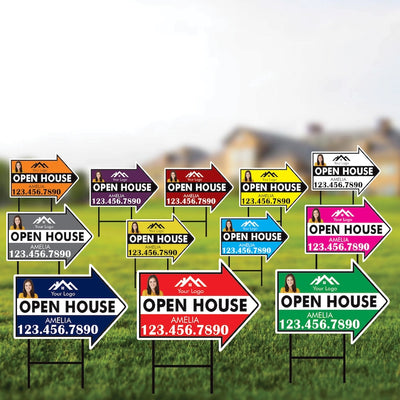 Custom Open House Arrow Yard Sign 18" x 24", 2 Sided Add Your Text, Logo, Photo Personalized Open House Directional Signs with Metal H-Stake