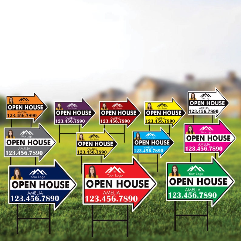 Custom Open House Arrow Yard Sign 18" x 24", 2 Sided Add Your Text, Logo, Photo Personalized Open House Directional Signs with Metal H-Stake