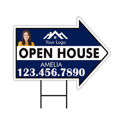 Custom Open House Arrow Yard Sign 18" x 24", 2 Sided Add Your Text, Logo, Photo Personalized Open House Directional Signs with Metal H-Stake