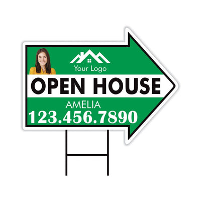 Custom Open House Arrow Yard Sign 18" x 24", 2 Sided Add Your Text, Logo, Photo Personalized Open House Directional Signs with Metal H-Stake