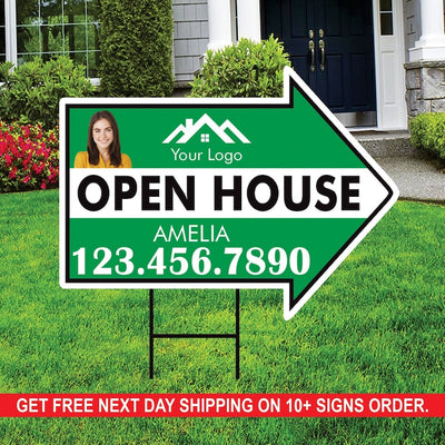 Custom Open House Arrow Yard Sign 18" x 24", 2 Sided Add Your Text, Logo, Photo Personalized Open House Directional Signs with Metal H-Stake