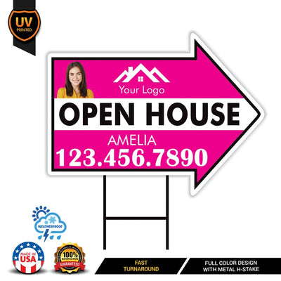 Custom Open House Arrow Yard Sign 18" x 24", 2 Sided Add Your Text, Logo, Photo Personalized Open House Directional Signs with Metal H-Stake
