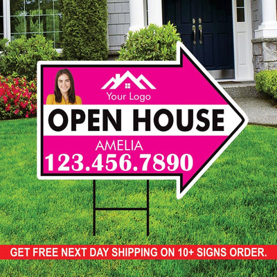 Custom Open House Arrow Yard Sign 18" x 24", 2 Sided Add Your Text, Logo, Photo Personalized Open House Directional Signs with Metal H-Stake