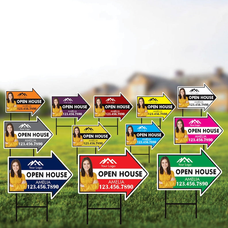 Custom Open House Arrow Yard Sign 18" x 24", 2 Sided Add Your Text, Logo, Photo Personalized Open House Directional Signs with Metal H-Stake