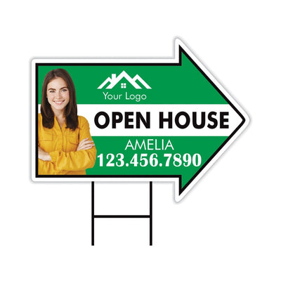 Custom Open House Arrow Yard Sign 18" x 24", 2 Sided Add Your Text, Logo, Photo Personalized Open House Directional Signs with Metal H-Stake