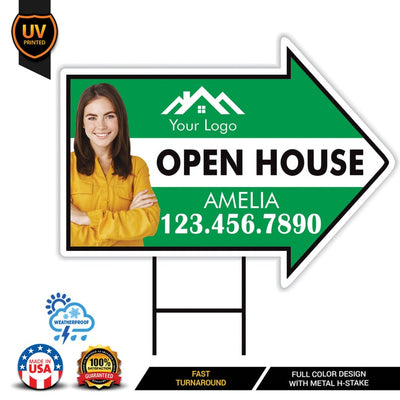 Custom Open House Arrow Yard Sign 18" x 24", 2 Sided Add Your Text, Logo, Photo Personalized Open House Directional Signs with Metal H-Stake