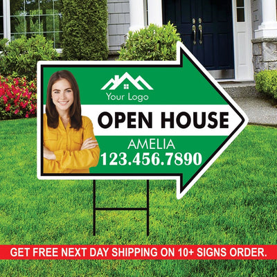 Custom Open House Arrow Yard Sign 18" x 24", 2 Sided Add Your Text, Logo, Photo Personalized Open House Directional Signs with Metal H-Stake