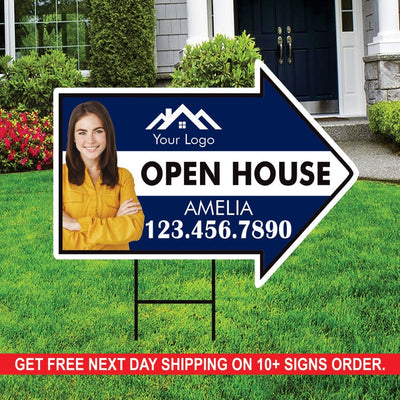Custom Open House Arrow Yard Sign 18" x 24", 2 Sided Add Your Text, Logo, Photo Personalized Open House Directional Signs with Metal H-Stake
