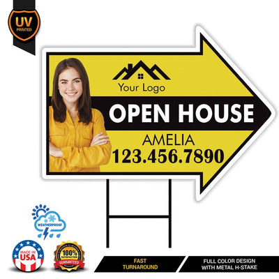 Custom Open House Arrow Yard Sign 18" x 24", 2 Sided Add Your Text, Logo, Photo Personalized Open House Directional Signs with Metal H-Stake