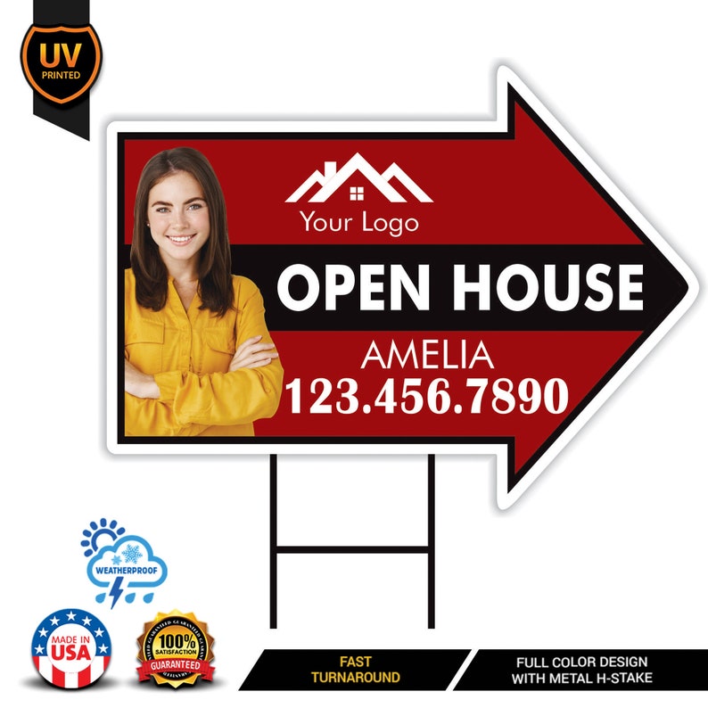 Custom Open House Arrow Yard Sign 18" x 24", 2 Sided Add Your Text, Logo, Photo Personalized Open House Directional Signs with Metal H-Stake