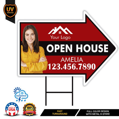Custom Open House Arrow Yard Sign 18" x 24", 2 Sided Add Your Text, Logo, Photo Personalized Open House Directional Signs with Metal H-Stake
