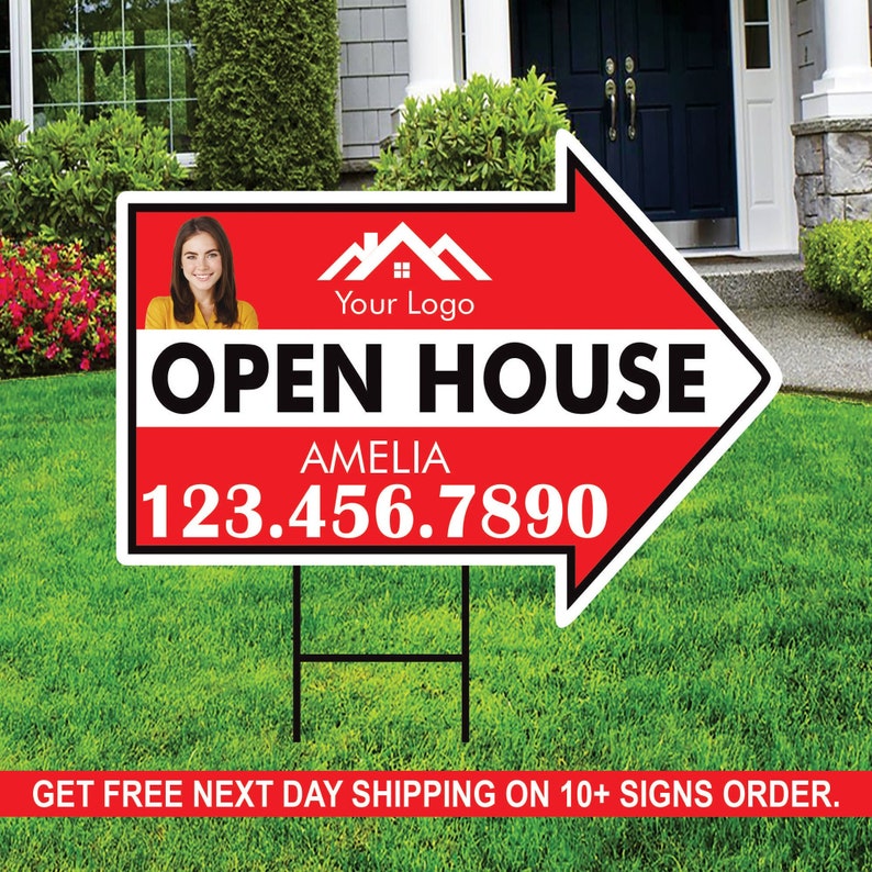 Custom Open House Arrow Yard Sign 18" x 24", 2 Sided Add Your Text, Logo, Photo Personalized Open House Directional Signs with Metal H-Stake