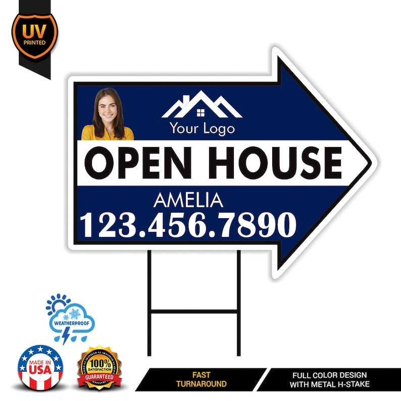 Custom Open House Arrow Yard Sign 18" x 24", 2 Sided Add Your Text, Logo, Photo Personalized Open House Directional Signs with Metal H-Stake