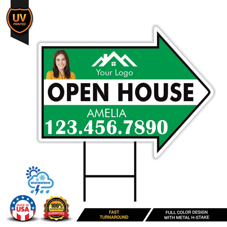 Custom Open House Arrow Yard Sign 18" x 24", 2 Sided Add Your Text, Logo, Photo Personalized Open House Directional Signs with Metal H-Stake