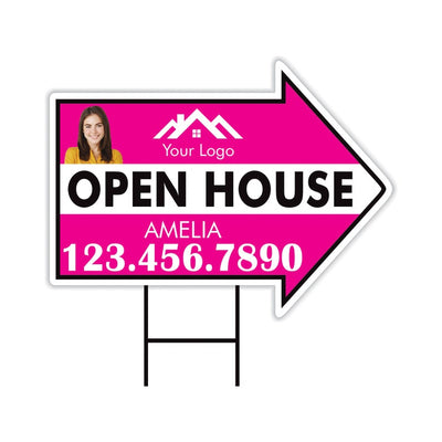 Custom Open House Arrow Yard Sign 18" x 24", 2 Sided Add Your Text, Logo, Photo Personalized Open House Directional Signs with Metal H-Stake