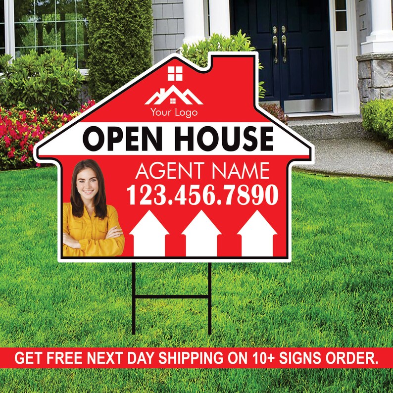 10 Pack Custom Open House Arrow Yard Sign 18" x 24", 2 Sided Add Your Text, Logo, Photo Personalized Directional Signs with Metal H-Stake