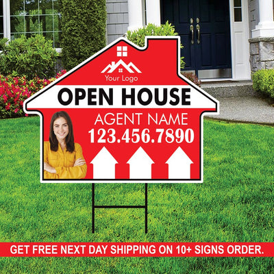 10 Pack Custom Open House Arrow Yard Sign 18" x 24", 2 Sided Add Your Text, Logo, Photo Personalized Directional Signs with Metal H-Stake