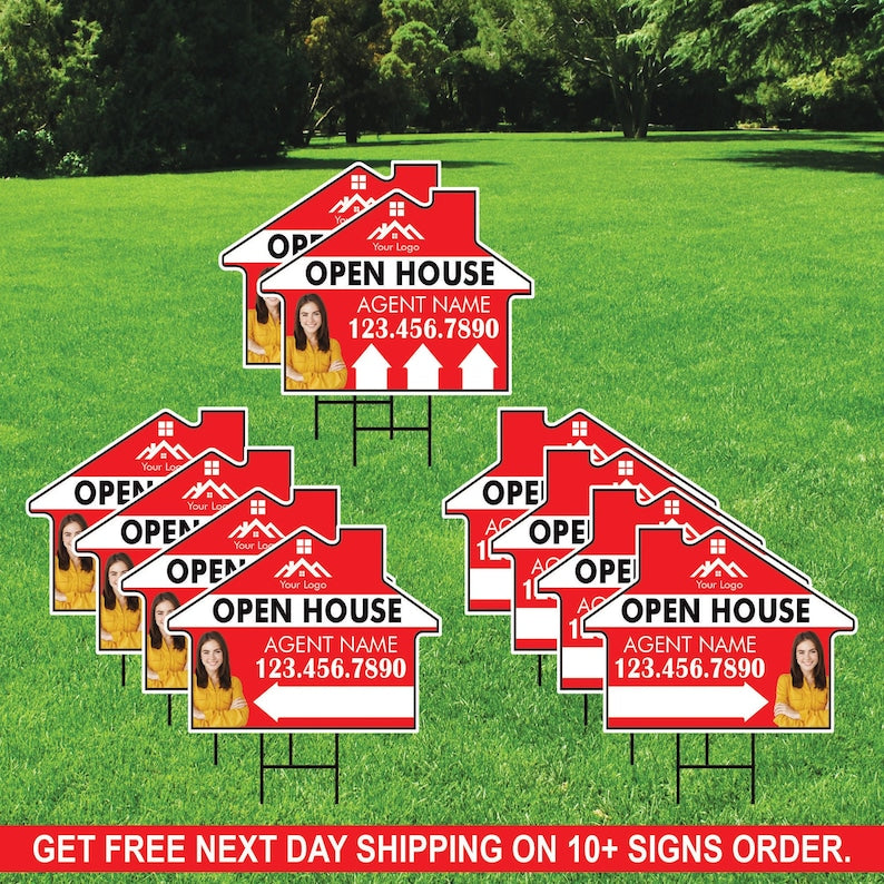 10 Pack Custom Open House Arrow Yard Sign 18" x 24", 2 Sided Add Your Text, Logo, Photo Personalized Directional Signs with Metal H-Stake