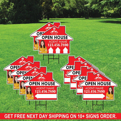 10 Pack Custom Open House Arrow Yard Sign 18" x 24", 2 Sided Add Your Text, Logo, Photo Personalized Directional Signs with Metal H-Stake