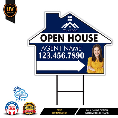 10 Pack Custom Open House Arrow Yard Sign 18" x 24", 2 Sided Add Your Text, Logo, Photo Personalized Directional Signs with Metal H-Stake