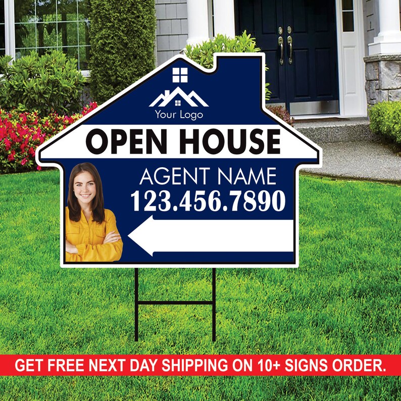 10 Pack Custom Open House Arrow Yard Sign 18" x 24", 2 Sided Add Your Text, Logo, Photo Personalized Directional Signs with Metal H-Stake