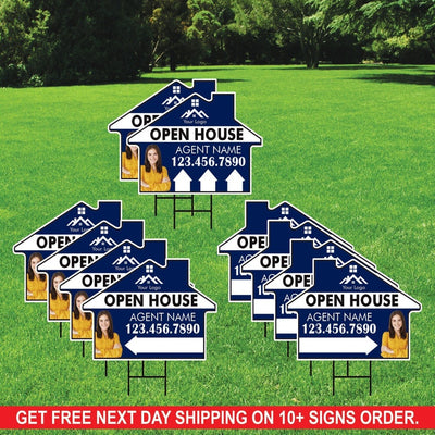 10 Pack Custom Open House Arrow Yard Sign 18" x 24", 2 Sided Add Your Text, Logo, Photo Personalized Directional Signs with Metal H-Stake